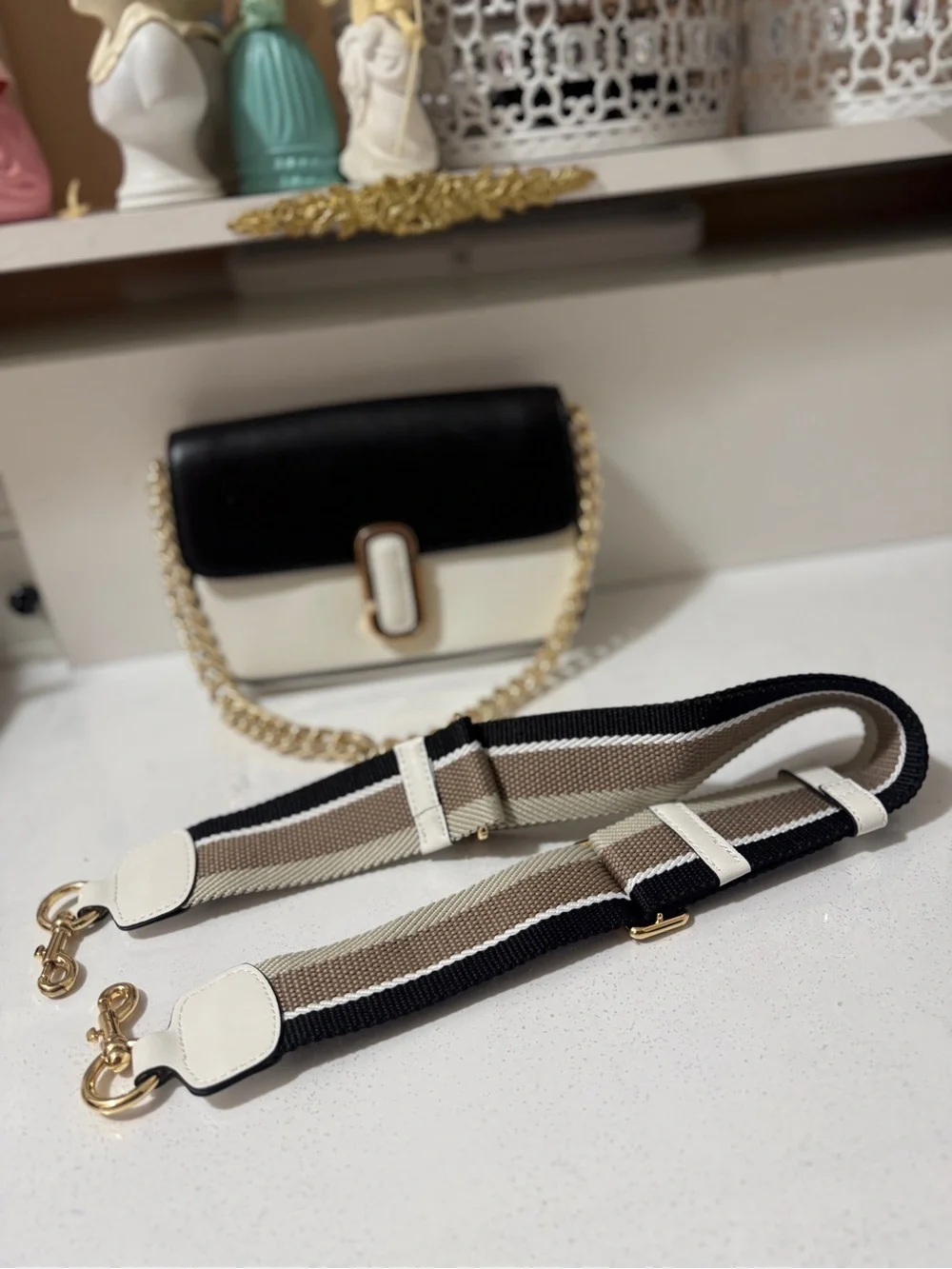 Marc Jacobs Black and Cream Crossbody Bag with Gold Chain and Detachable Strap